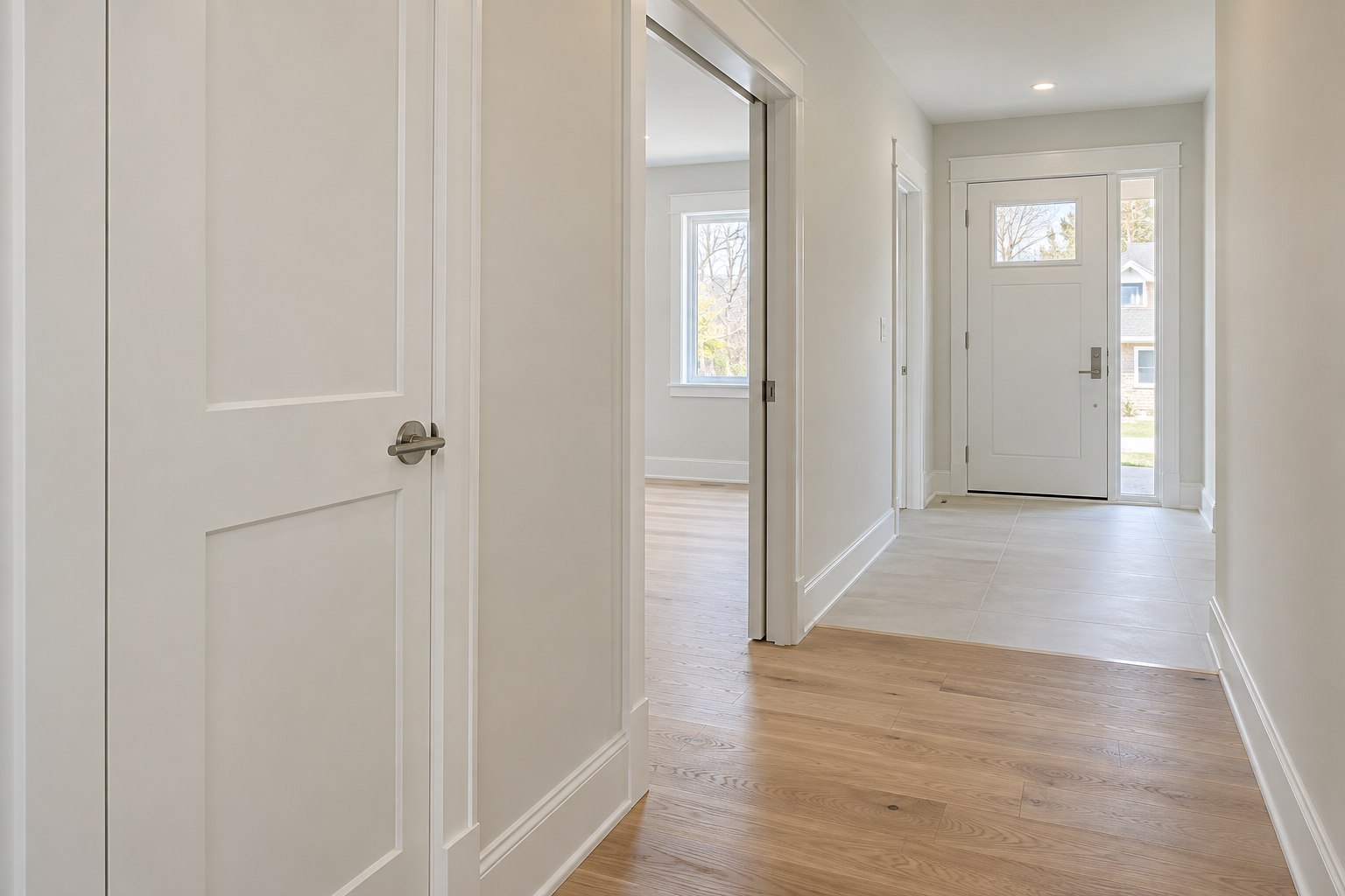 Freshly finished hallway with clean door trim and flooring transitions