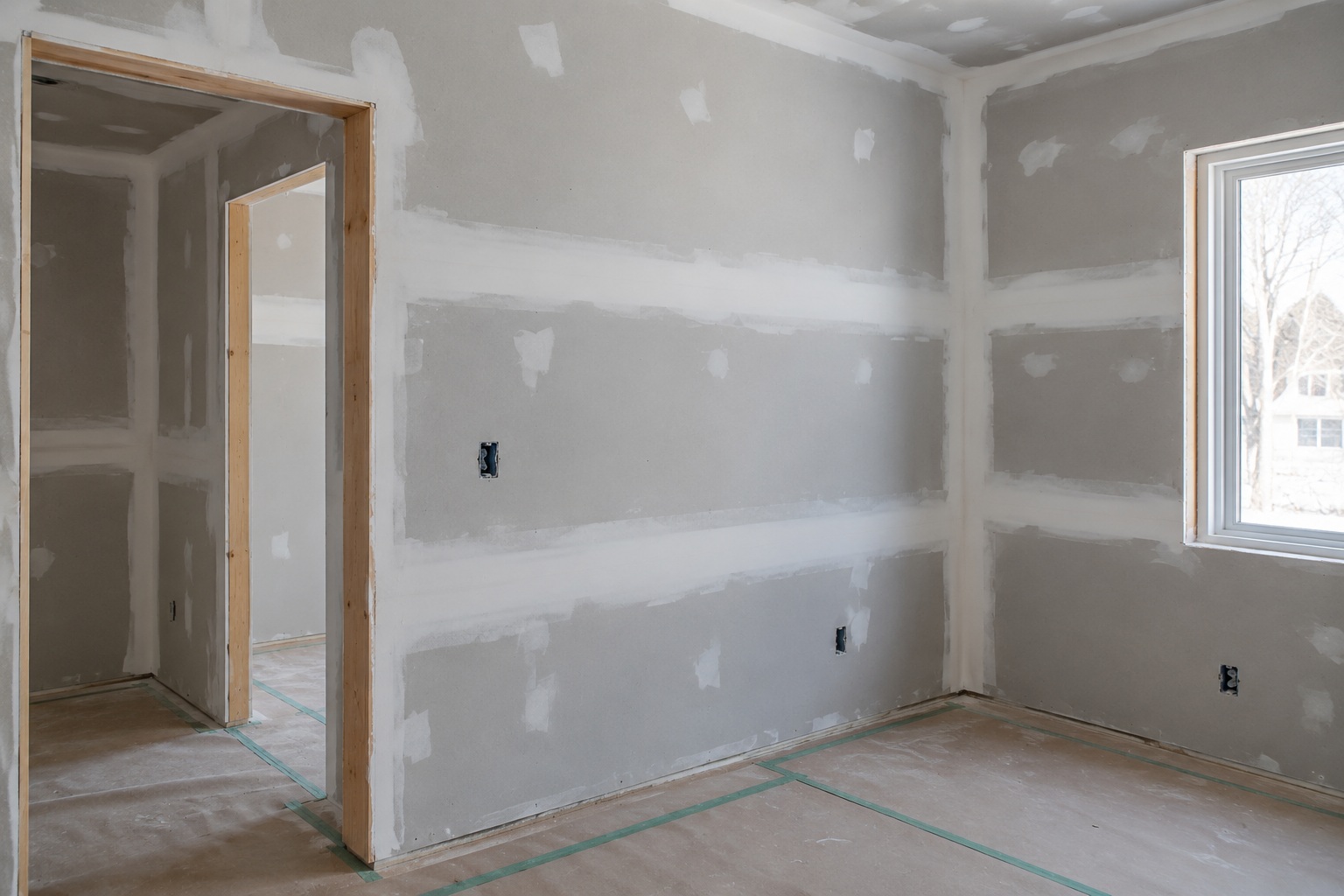 Drywall seams and screw heads with joint compound before sanding and painting