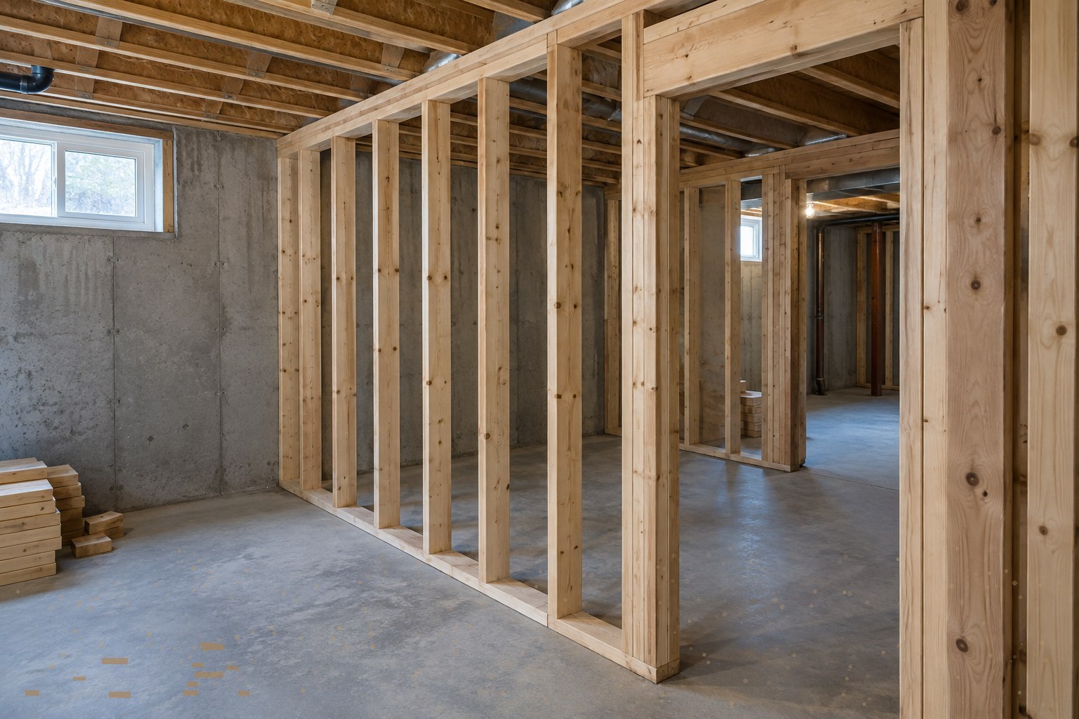 Timber wall framing and a doorway during a basement renovation